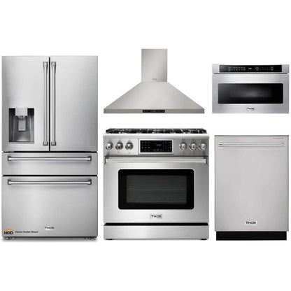 Thor Kitchen 5-Piece Appliance Package - 36-Inch Propane Gas Range, Tilt Panel, Refrigerator with Water Dispenser, Wall Mount Hood, Dishwasher, & Microwave Drawer in Stainless Steel - APW5-TRG36B-LP
