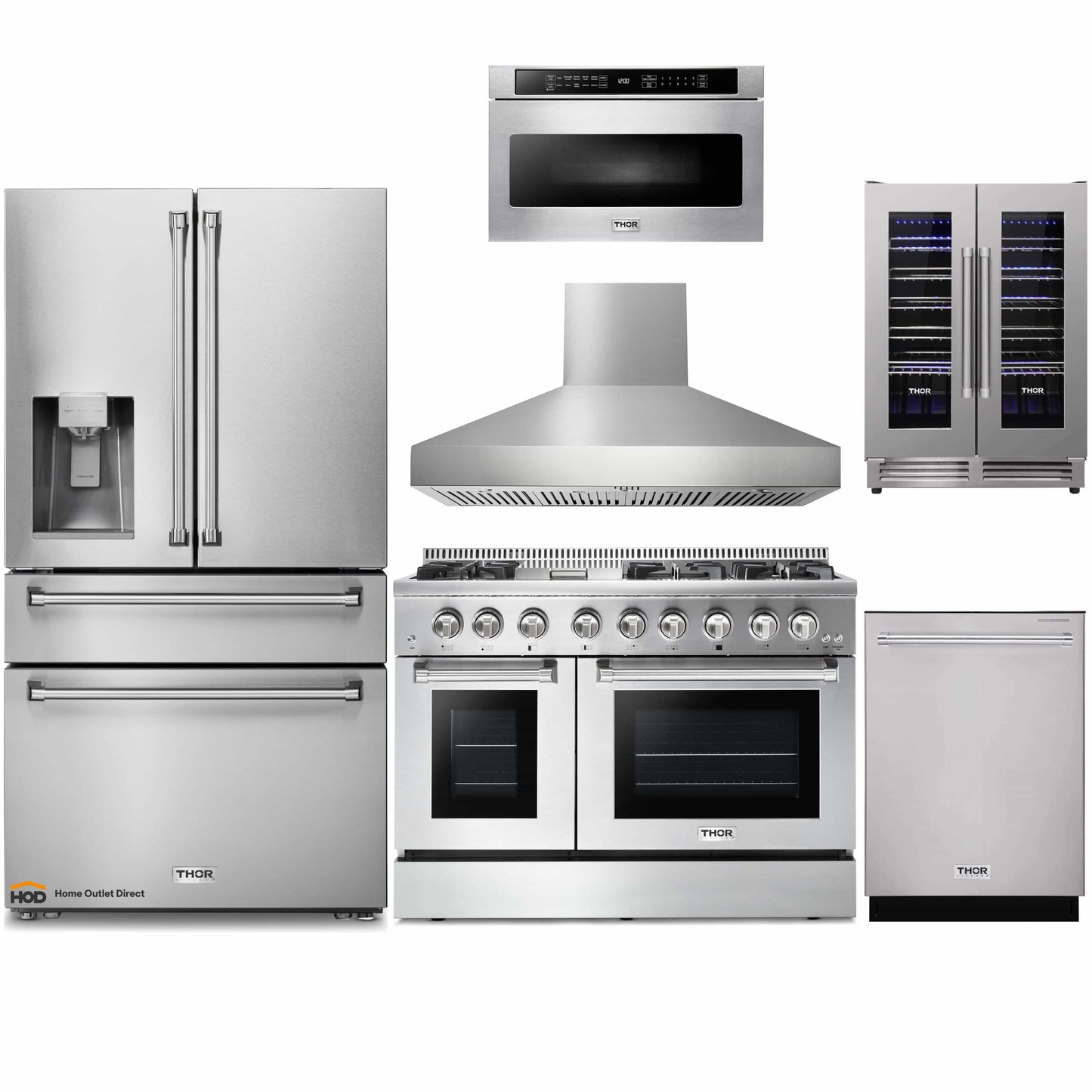 Thor Kitchen 6-Piece Pro Appliance Package - 48-Inch Dual Fuel Range with Propane Gas Cooktop , Refrigerator with Water Dispenser, Dishwasher, Pro Wall Mount Hood, Microwave Drawer, & Wine Cooler in Stainless Steel - APW6-HRD48C-LP