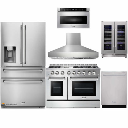 Thor Kitchen 6-Piece Pro Appliance Package - 48-Inch Dual Fuel Range with Propane Gas Cooktop , Refrigerator with Water Dispenser, Dishwasher, Pro Wall Mount Hood, Microwave Drawer, & Wine Cooler in Stainless Steel - APW6-HRD48C-LP