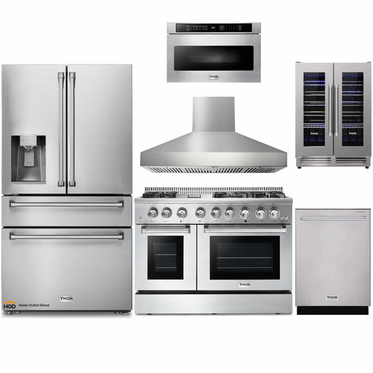 Thor Kitchen 6-Piece Pro Appliance Package - 48-Inch Dual Fuel Range with Propane Gas Cooktop , Refrigerator with Water Dispenser, Dishwasher, Pro Wall Mount Hood, Microwave Drawer, & Wine Cooler in Stainless Steel - APW6-HRD48C-LP