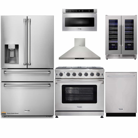 Thor Kitchen 6-Piece Appliance Package - 36-Inch Propane Gas Range, Refrigerator with Water Dispenser, Wall Mount Hood, Dishwasher, Microwave Drawer, & Wine Cooler in Stainless Steel - APW6-LRG36B-LP