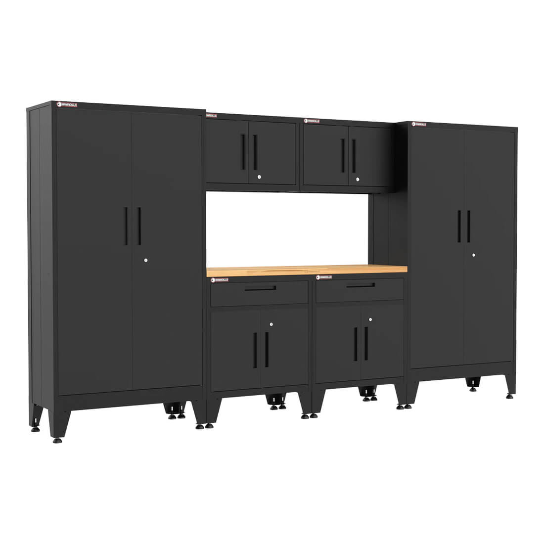 Armadillo Tough Black 7-Piece Garage Cabinet Storage System with Levelers - AR7PC104B