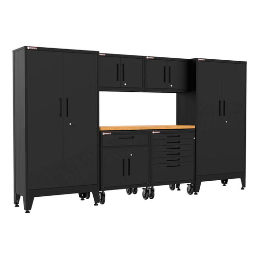 Armadillo Tough Black 7-Piece Garage Cabinet System with Levelers and Casters - AR7PC18B