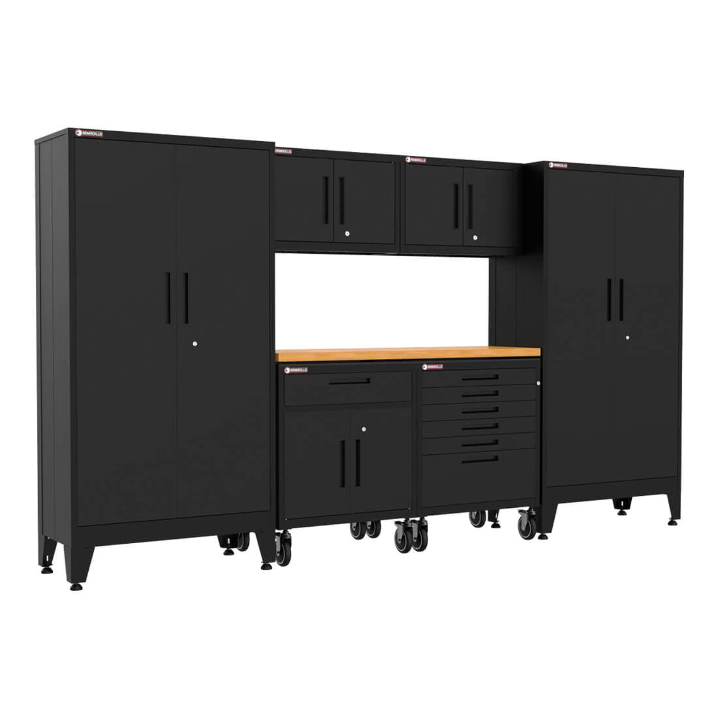Armadillo Tough Black 7-Piece Garage Cabinet System with Levelers and Casters - AR7PC18B