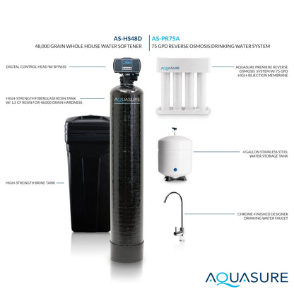 Aquasure Harmony Series | 48,000 Grains Whole House Water Softener & 75 GPD Reverse Osmosis System Bundle - AS-PR75HS48D