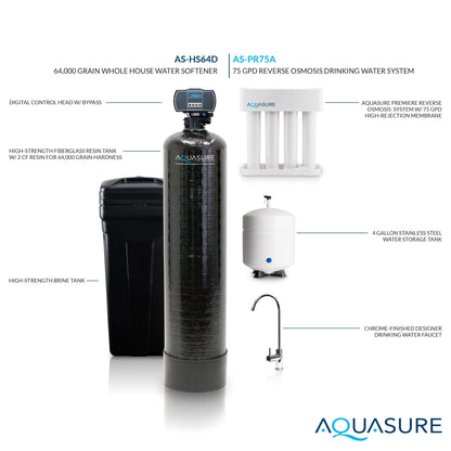 Aquasure Harmony Series | 64,000 Grains Whole House Water Softener & 75 GPD Reverse Osmosis System Bundle - AS-PR75HS64D