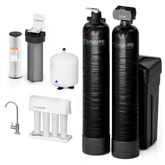 Aquasure Signature Elite | 1,000,000 Gallons Whole House Water Filter Treatment Bundle with 48,000 Grains Softener w/ Fine Mesh Resin, 75 GPD Reverse Osmosis System -AS-SE1000FM
