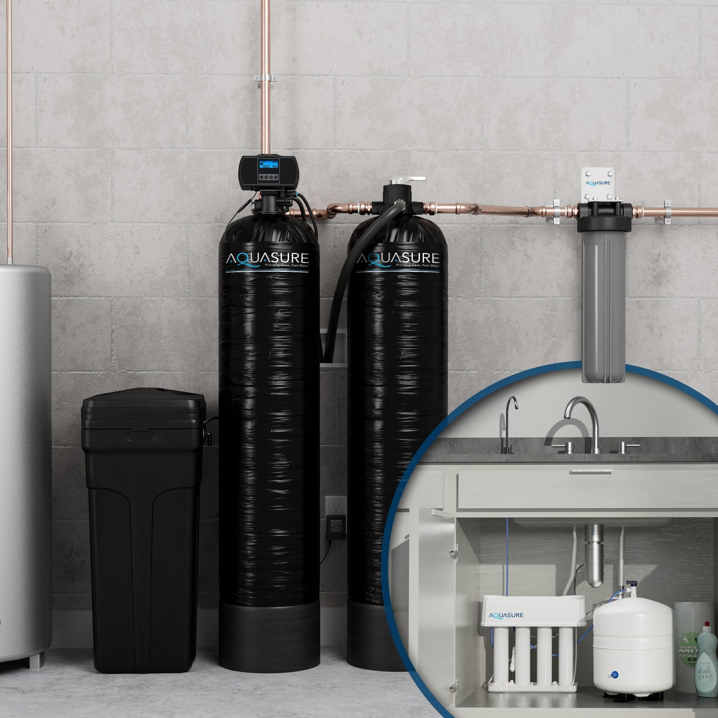 Aquasure Signature Elite | 1,500,000 Gallons Whole House Water Filter Treatment Bundle with 72,000 Grains Softener, 75 GPD Reverse Osmosis System - AS-SE2000A