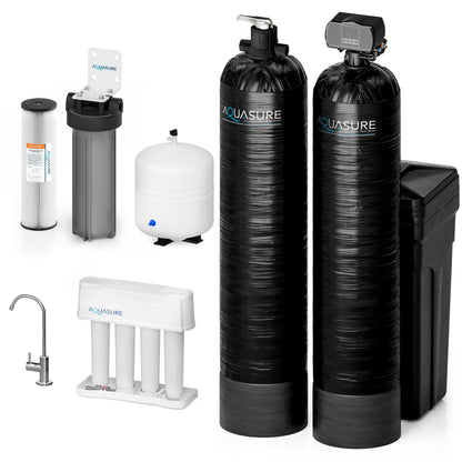 Aquasure Signature Elite | 1,500,000 Gallons Whole House Water Filter Treatment Bundle with 64,000 Grains Softener w/ Fine Mesh Resin, 75 GPD Reverse Osmosis System - AS-SE1500FM