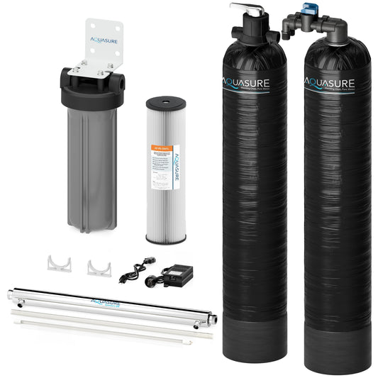 Aquasure Serene Series | 15 GPM Salt-Free Conditioning, Whole House Water Treatment System, Pleated Sediment Pre-Filter and UV Purifier - AS-SF15CKU