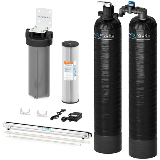 Aquasure Series | 15 GPM Salt-Free Conditioning, Whole House Water Treatment System, Pleated Sediment Pre-Filter and UV Purifier - AS-SF15CKU