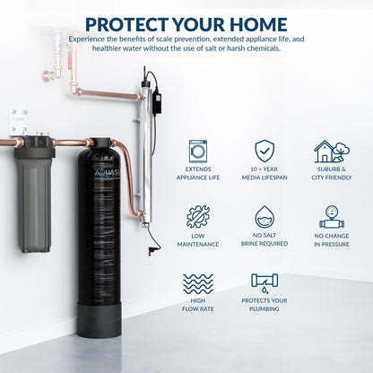 Aquasure Serene Lite Series | 800K Gallons Whole House Salt-Free Water Conditioning/Softening Descaler Bundle with Triple Purpose Filter System and 8 GPM UV De-Activator - AS-SF800U