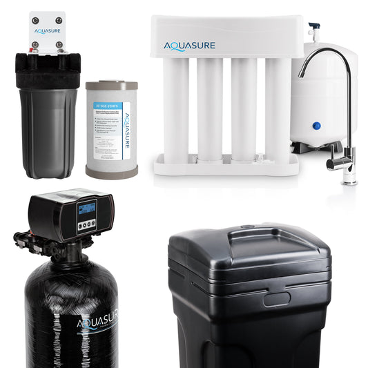 Aquasure Elite | Whole House Water Filter Bundle with 48,000 Grains Softener w/ Fine Mesh Resin, 75 GPD Reverse Osmosis System & Triple Purpose Pre-Filter - AS-WHF48FM