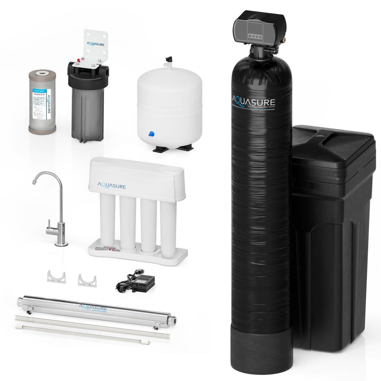 Aquasure Signature Series | 32,000 Grains Water Softener with 12 GPM Quantum De-Activator System and Triple Purpose Carbon Pre-Filter - AS-WSUV32RO
