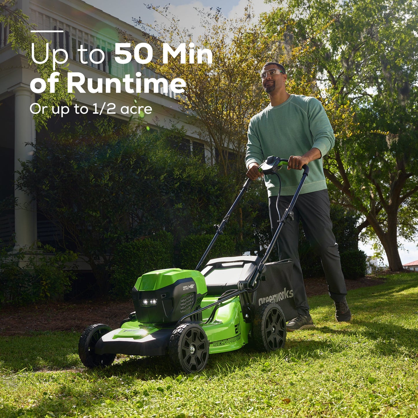 Greenworks RENEWED 48V (24V x 2) 21" Cordless Battery Push Mower 3PC Combo Kit w/ (2) 5.0Ah Batteries,(1) 2.0Ah Battery,(1) Dual Port Rapid Charger & (1) Charger - 1366402-OB