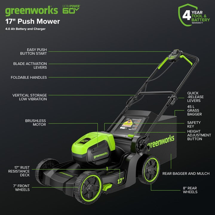 Greenworks 60V 17" Cordless Battery Push Lawn Mower 3PC Combo Kit w/ 4.0Ah Battery & Charger - 138270200