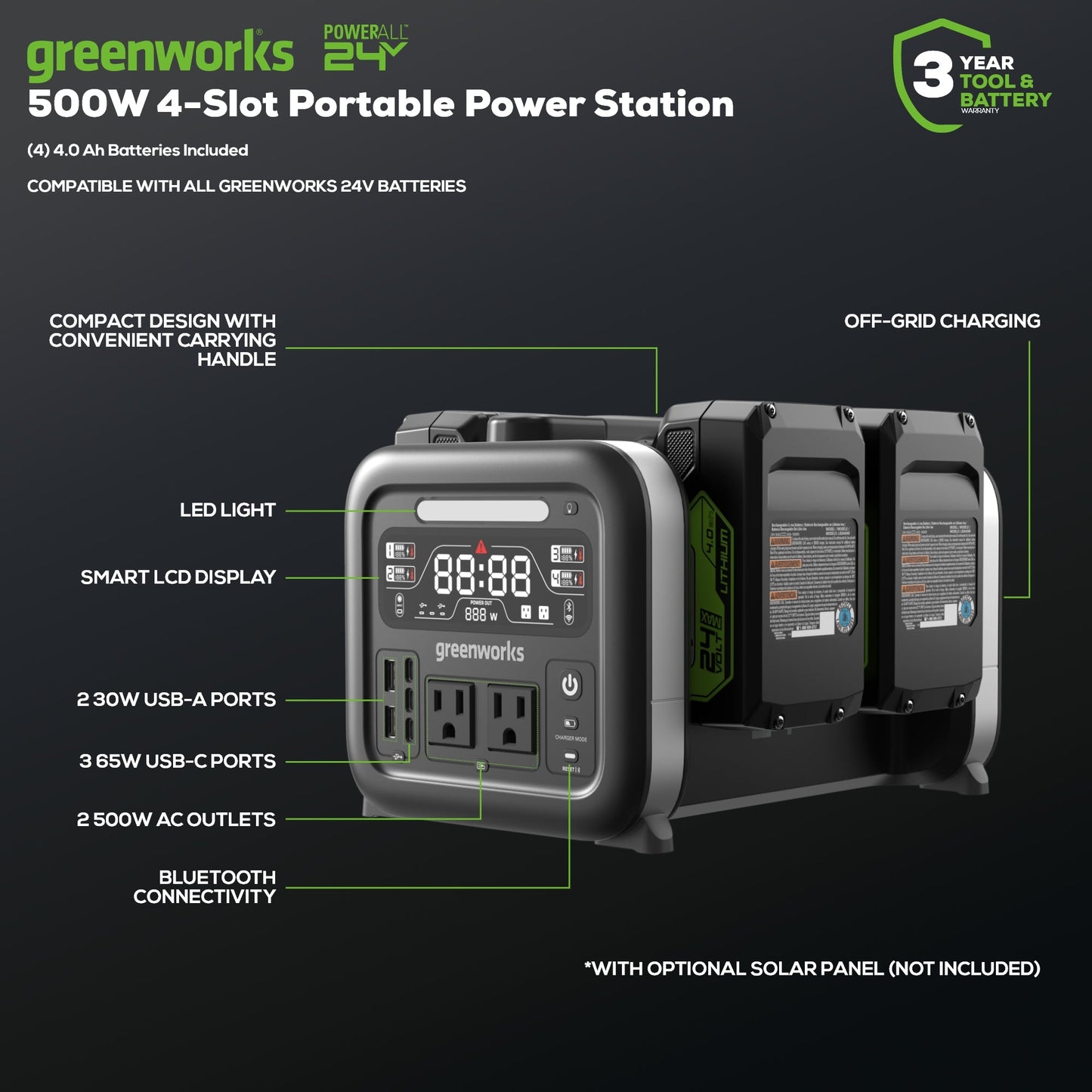 Greenworks 24V 500W Portable Power Station w/ (4)4.0Ah Battery & Charger - 2988402
