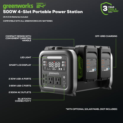 Greenworks 24V 500W Portable Power Station w/ (4)4.0Ah Battery & Charger - 2988402