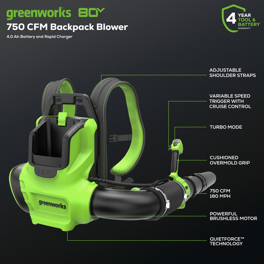 Greenworks 80V 750CFM Cordless Battery Single Port Backpack Blower w/ 4Ah Battery & Charger - 2437902