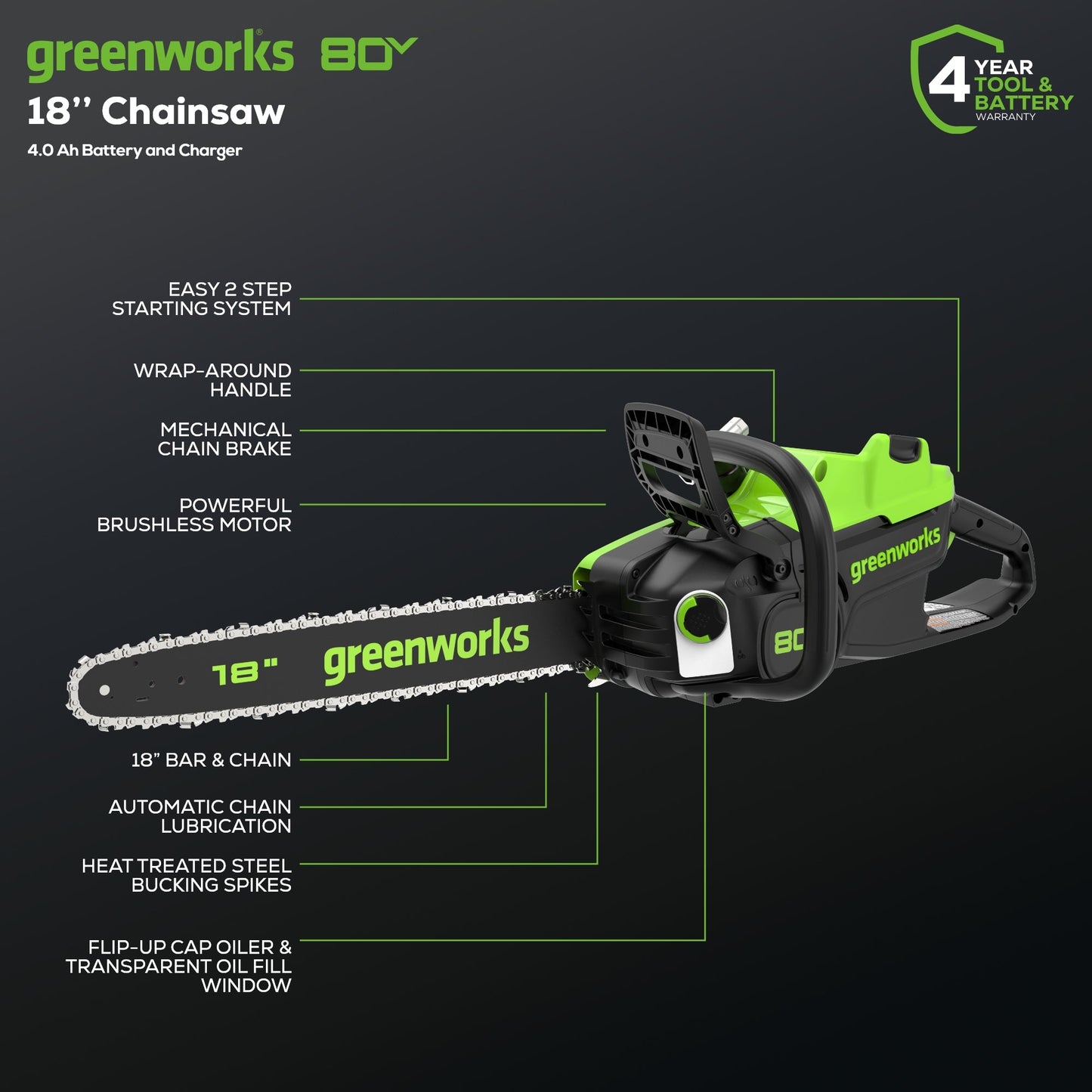 Greenworks 80V 18" 2.5kW Cordless Battery Chainsaw w/ (1) 4Ah Battery & 2A Charger - 2030102