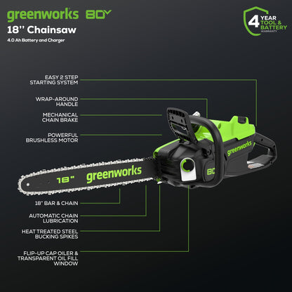 Greenworks 80V 18" 2.5kW Cordless Battery Chainsaw w/ (1) 4Ah Battery & 2A Charger - 2030102