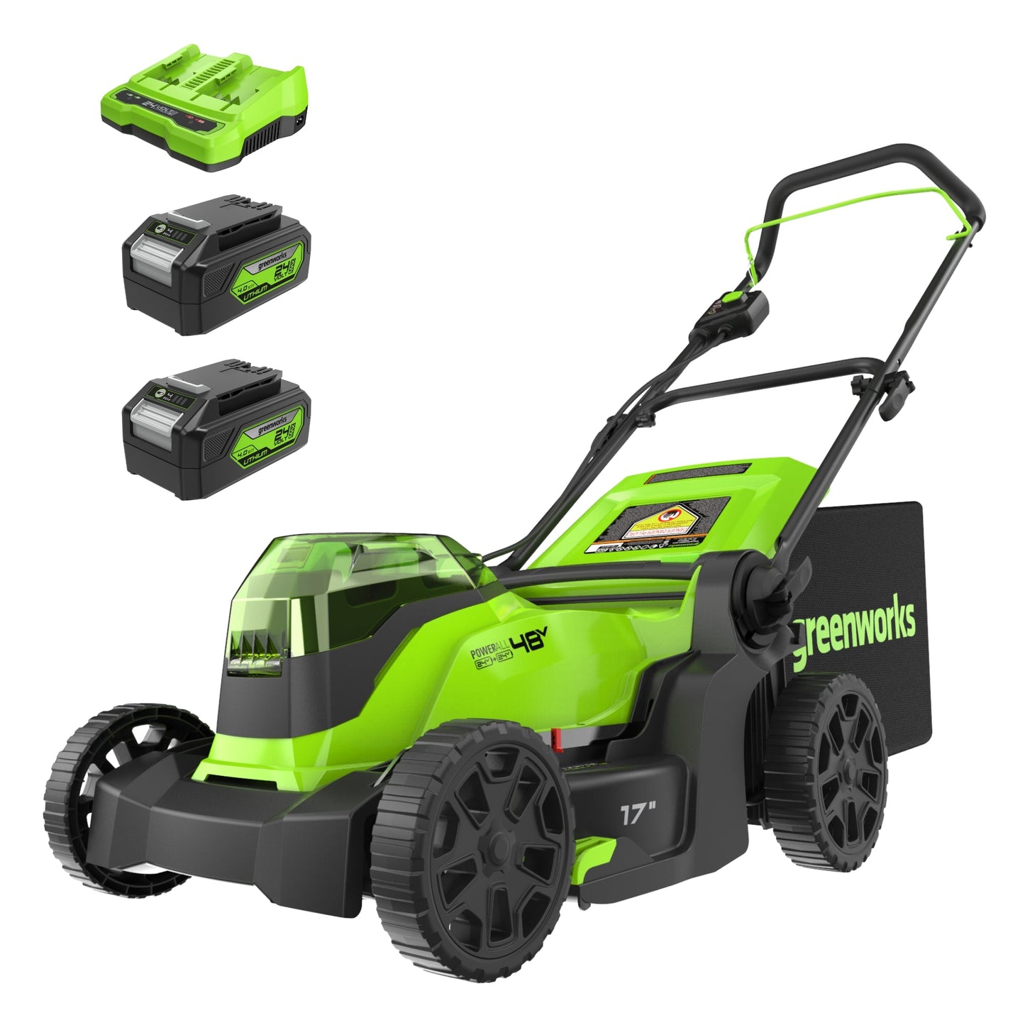 Greenworks 48V (24V x 2) 17" Cordless Battery Push Lawn Mower w/ (2) 4.0Ah Batteries & Dual Port Charger - 2545902