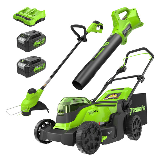48V (24V x 2) 17" Push Cordless Lawn Mower, 320CFM Leaf Blower & 12" String Trimmer Combo Kit w/ (2) 4.0 Ah USB Batteries