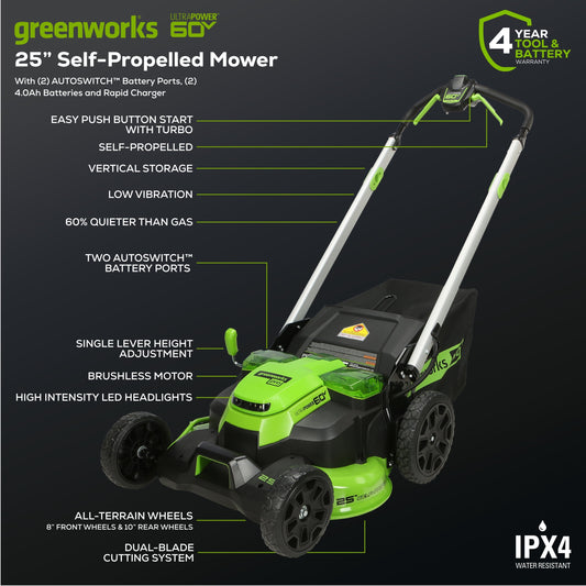 Greenworks 60V 25" Self-Propelled Lawn Mower 4-pc Combo Kit w/ (2) 4.0Ah Batteries and Dual Port Charger  - 1357702-VK
