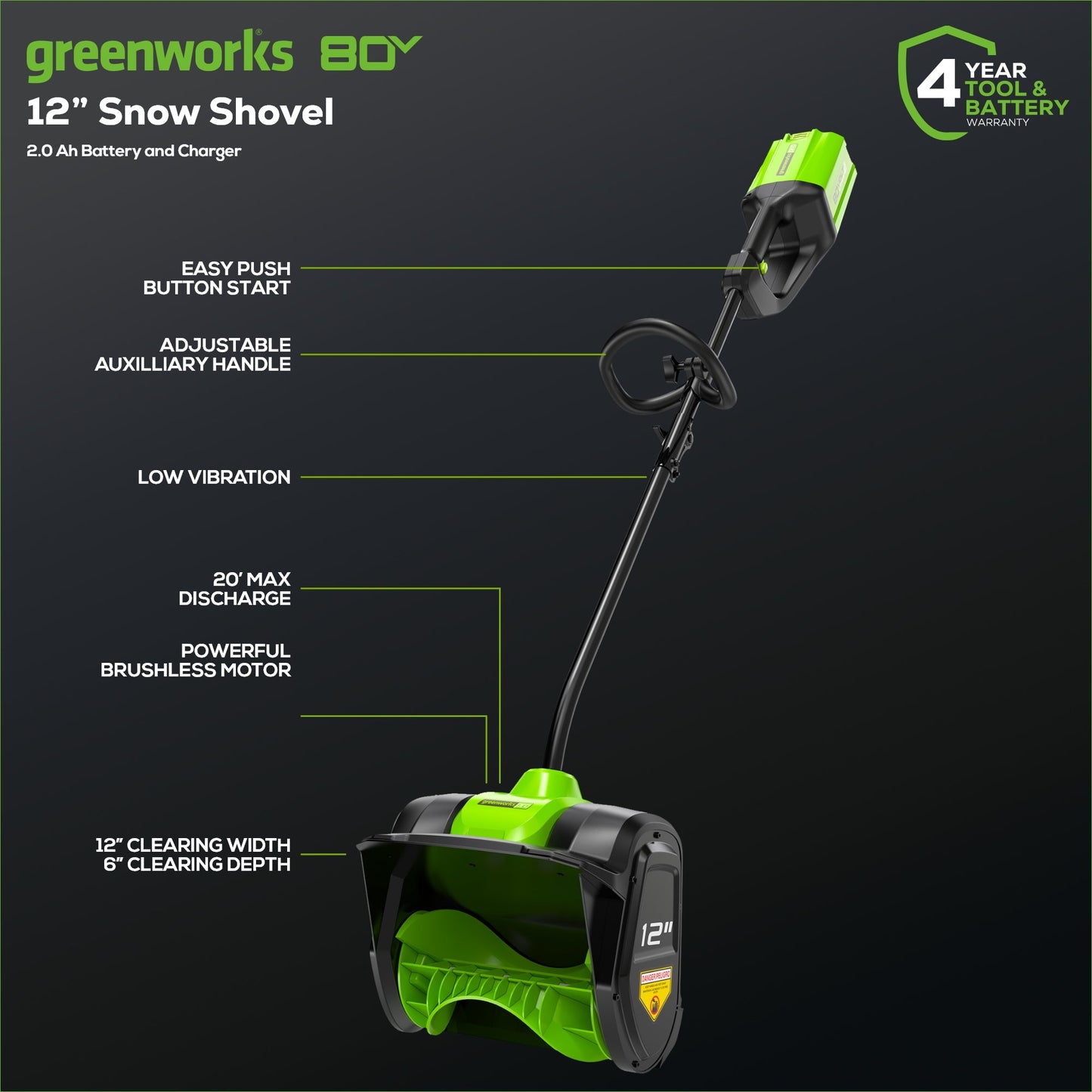 Greenworks 80V 12" Cordless Battery Snow Shovel w/ 2.0 Ah Battery & Charger - 2600602