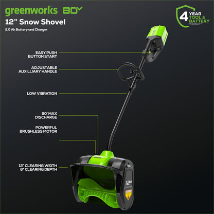 Greenworks 80V 12" Cordless Battery Snow Shovel w/ 2.0 Ah Battery & Charger - 2600602