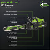 Greenworks 80V 18" Cordless Battery 2.5kW Chainsaw w/ 4.0Ah Battery & Rapid Charger - 2019902