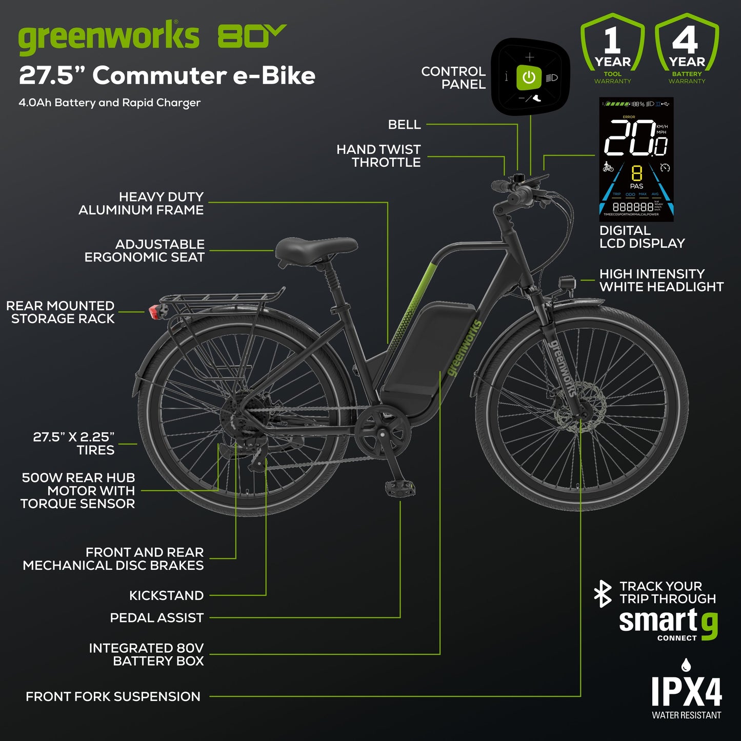 Greenworks 80V VENTURE Series 27.5” Electric Commuter Bike w/ 4Ah Battery and Charger - 7422202