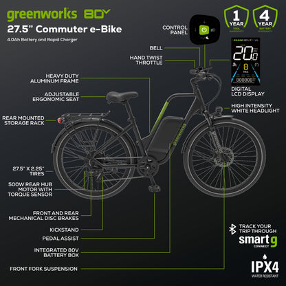Greenworks 80V VENTURE Series 27.5” Electric Commuter Bike w/ 4Ah Battery and Charger - 7422202