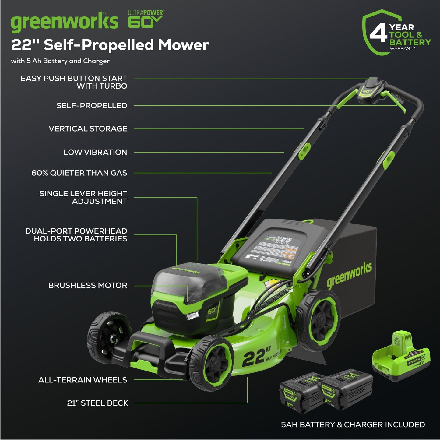 Greenworks 60V 22" Brushless Cordless Self-Propelled Lawn Mower w/ (2) 5.0Ah Battery & 6A Dual Port Charger - 2555402