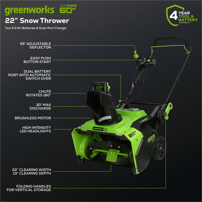 Greenworks 60V 22" Cordless Battery Single-Stage Snow Blower w/ Two (2) 5.0 Ah Batteries & Dual-Port Charger - 2608802
