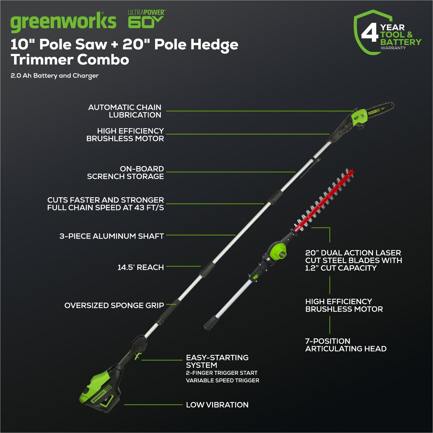 Greenworks 60V 10" Cordless Battery Pole Saw & 20" Pole Hedge Trimmer Combo Kit w/ 2.0 Ah Battery & Charger - 1311902