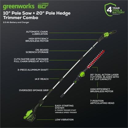 Greenworks 60V 10" Cordless Battery Pole Saw & 20" Pole Hedge Trimmer Combo Kit w/ 2.0 Ah Battery & Charger - 1311902