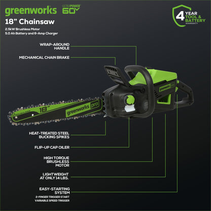 Greenworks 60V 18" Cordless Battery Brushless 2.5kW Chainsaw w/ 5.0Ah Battery & Rapid Charger - 2026102