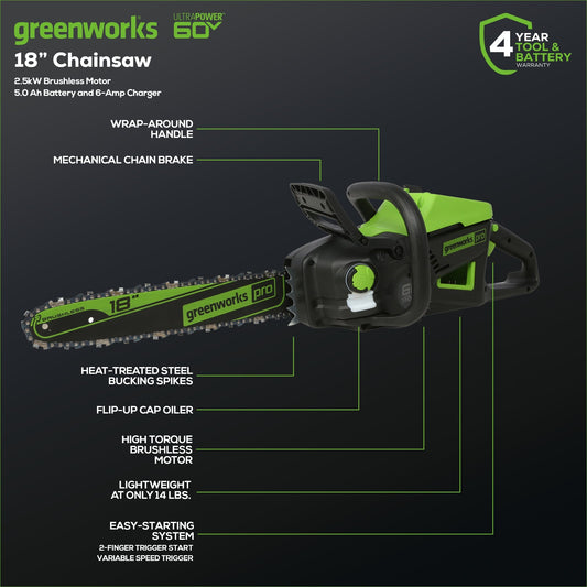 Greenworks 60V 18" Cordless Battery Brushless 2.5kW Chainsaw w/ 5.0Ah Battery & Rapid Charger - 2026102