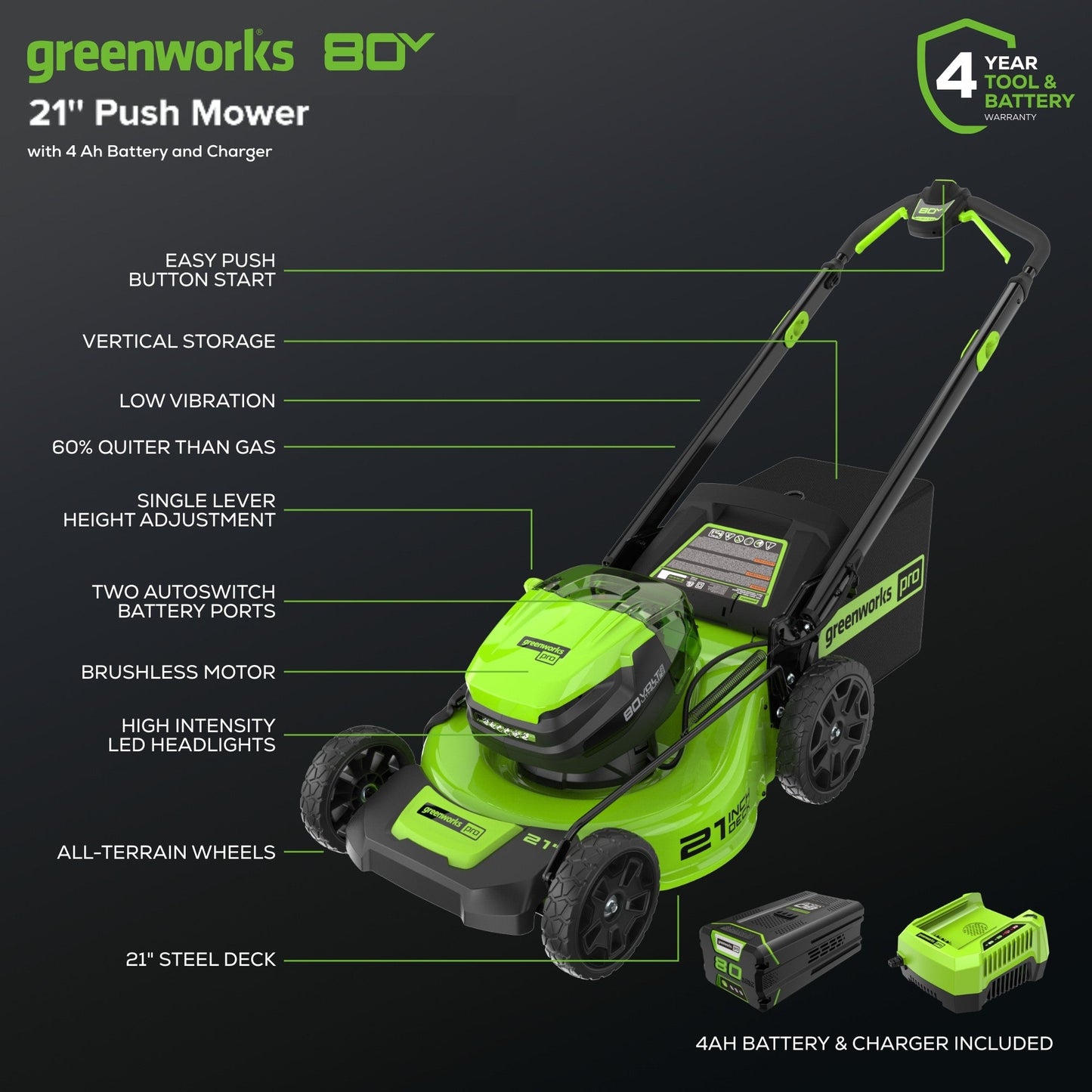 Greenworks 80V 21" Cordless Battery 4-in-1 Push Mower & 730CFM Leaf Blower Combo Kit w/ (1) 4.0Ah Battery & (1) Rapid Charger - 1342602