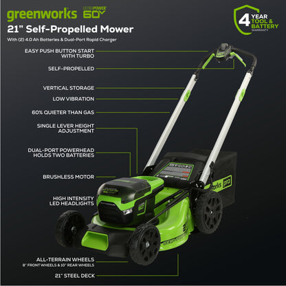 Greenworks RENEWED 60V 21" Cordless Battery Self-Propelled Lawn Mower w/ Two (2) 4.0Ah Batteries & Dual Port Charger - 2531702-OB