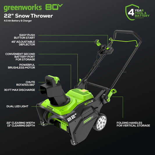 Greenworks RENEWED 80V 22" Cordless Battery Single-Stage Snow Blower w/ 4.0 Ah Battery & Charger - 2605902-OB
