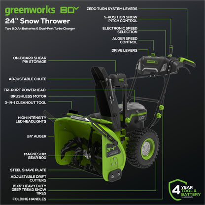 Greenworks 80V 24" Cordless Battery Two-Stage Snow Blower w/ Two (2) 5.0 Ah Batteries & Dual-Port Rapid Charger - 2609102