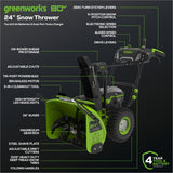 Greenworks 80V 24" Cordless Battery Two-Stage Snow Blower w/ Two (2) 5.0 Ah Batteries & Dual-Port Rapid Charger - 2609102