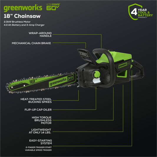 Greenworks 60V 18" Cordless Battery 2.0kW Chainsaw w/ 4.0 Ah Battery & Charger - 2019302