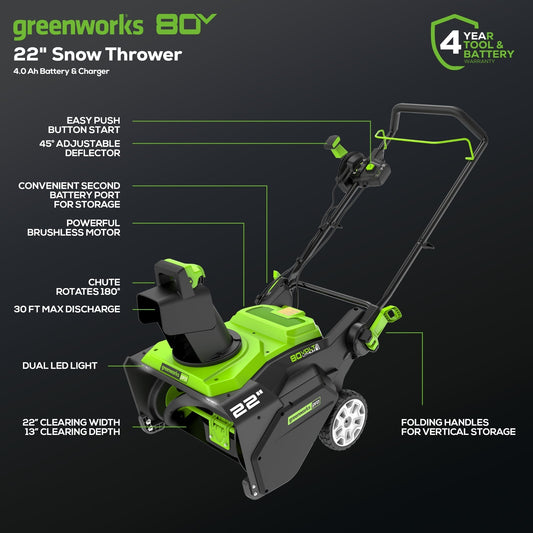 Greenworks 80V 22" Cordless Battery Single-Stage Snow Blower w/ 4.0 Ah Battery & Charger - 2605902
