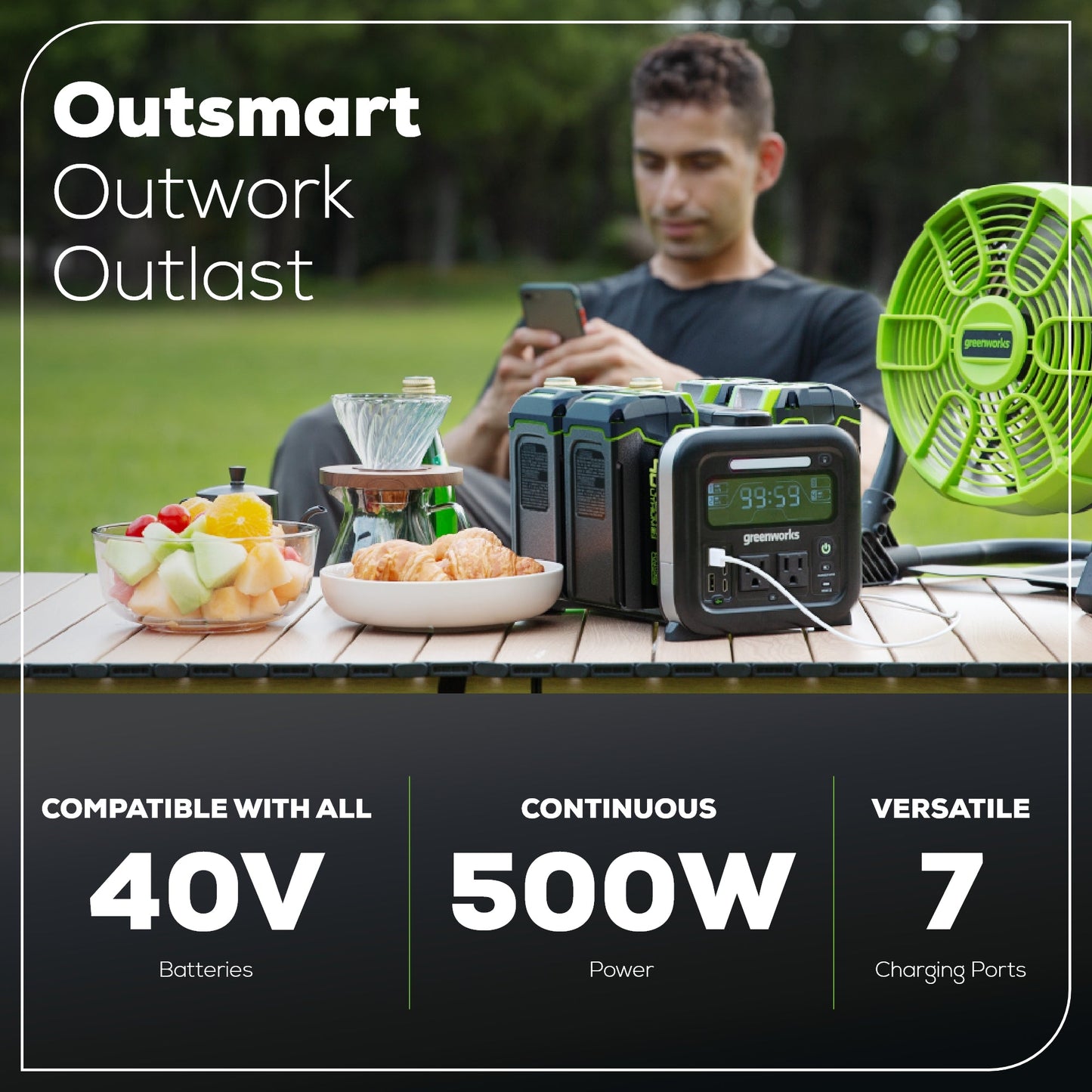 Greenworks Shop Smarter Relax Outdoors40V 500W 4-Slot Inverter Portable Power Station w/ (4) 4.0Ah Batteries & Built-In Charger - 2988302