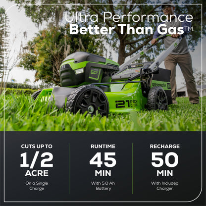 Greenworks RENEWED 60V 21" Cordless Battery Push Lawn Mower w/ 5.0Ah Battery & Charger - 2531602VT-OB
