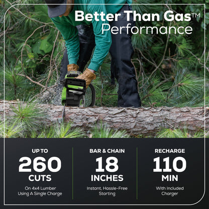 Greenworks 80V 18" 2.5kW Cordless Battery Chainsaw w/ (1) 4Ah Battery & 2A Charger - 2030102