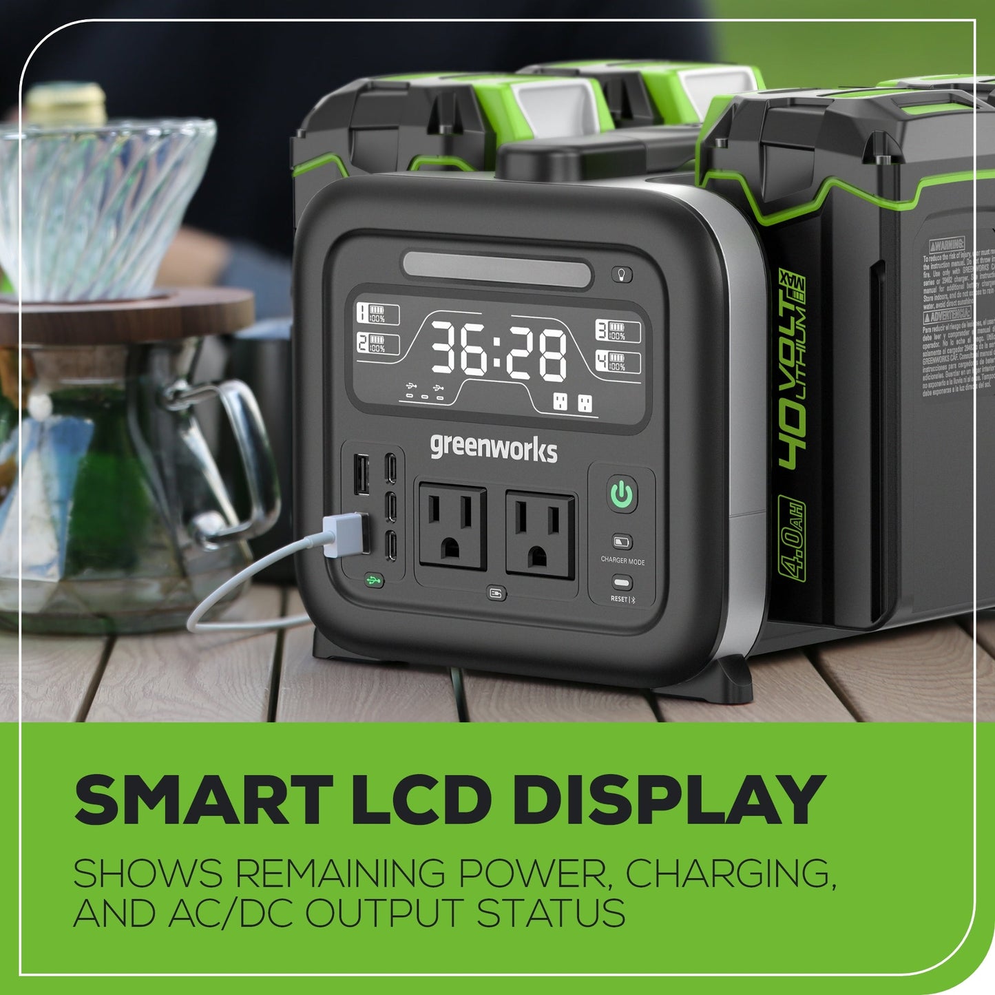Greenworks Shop Smarter Relax Outdoors40V 500W 4-Slot Inverter Portable Power Station w/ (4) 4.0Ah Batteries & Built-In Charger - 2988302